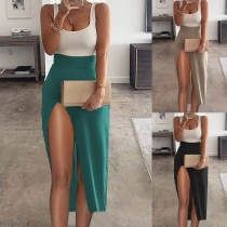 Sexy Backless U-neck High Waist Slit Hem Contrast Color Party Dress