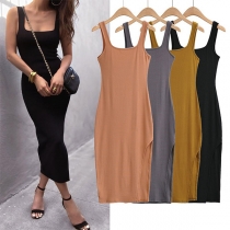 Sexy Backless Square Collar Side Slit Hem Solid Color Slim Fit Sling Dress