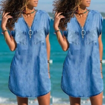 Casual Style Short Sleeve Zipper V-neck Loose Denim Dress