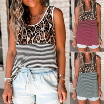 Fashion Leopard Stripe Printed Sleeveless Round Neck Loose Tank Top