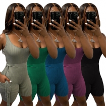 Sexy Low-cut Backless Sleeveless Solid Color Tie-belt Tight Romper