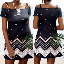 Sexy Off-shoulder Short Sleeve Chain Sling Printed Dress