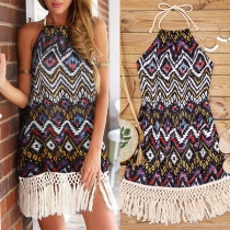 Bohemian Style Backless Tassel Hem Printed Halter Dress