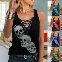 Retro Style Lace-up V-neck Sleeveless Skull Head Printed T-shirt
