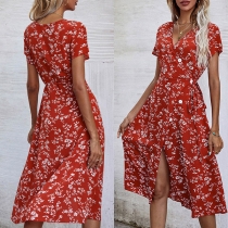 Fresh Style Short Sleeve V-neck Slit Hem Tie-belt Printed Summer Dress