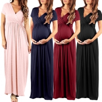 Sexy V-neck Short Sleeve High Waist Solid Color Maternity Dress