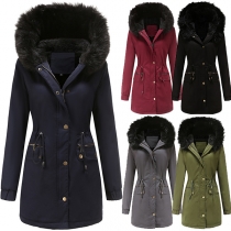 Fashion Long Sleeve Faux Fur Spliced Hooded Drawstring Waist Padded Coat