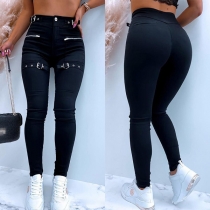 Fashion Solid Color High Waist Slim Fit Zipper Pants