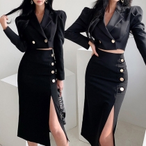 OL Style Long Sleeve Short-style Blazer + Slit Hem SKirt Two-piece Set