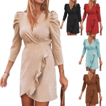 Sexy V-neck Puff Sleeve High Waist Solid Color Ruffle Dress