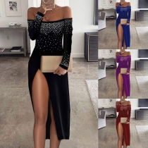 Sexy Off-shoulder Boat Neck Slit Hem Long Sleeve Rhinestone Party Dress