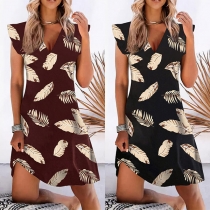 Fashion Ruffle Cuff V-neck Leaf Printed Dress