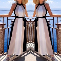 Sexy Off-shoulder High Waist Contrast Color halter Maxi Dress