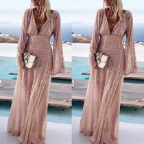 Sexy Deep V-neck Long Sleeve High Waist Sequin Party Dress