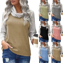 Fashion Stripe Spliced Long Sleeve Cowl Neck T-shirt