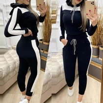 Fashion Contrast Color Long Sleeve Hooded Sweatshirt + Pants Sports Suit