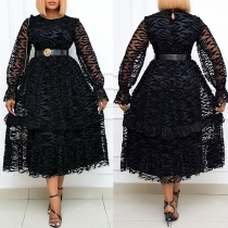 Elegant Solid Color Long Sleeve Round Neck Gauze Spliced Party Dress