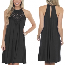 Sexy Off-shoulder Lace Spliced Solid Color Sling Dress