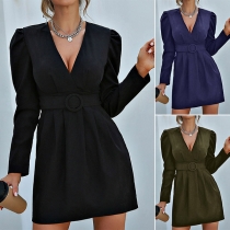 Sexy Deep V-neck Long Sleeve High Waist Solid Color Dress with Waistband