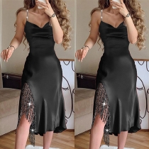 Sexy Backless V-neck Irregular Tassel Hem Solid Color Sling Party Dress