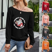 Fashion Oblique Shoulder Long Sleeve Santa Claus Printed T-shirt