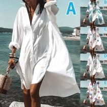 Chic Style Long Sleeve POLO Collar Irregular Hem Loose Shirt Dress