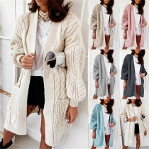 Mode Enfärgad Långärmad Loose Knit Cardigan med framficka