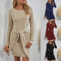 Fashion Solid Color Long Sleeve Round Neck Lace-up Knotted Slim Fit Dress