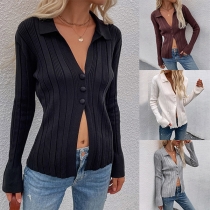 Fashion Solid Color Long Sleeve POLO COllar Front-button Knit Cardigan