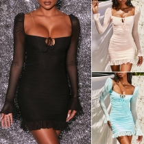 Sexy Backless Square Collar Gauze Spliced Long Sleeve Ruffle Hem Slim Fit Dress