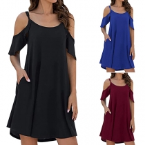 Sexy Off-shoulder Lotus Sleeve Solid Color Loose Dress