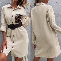 Fashion Leopard Pocket Long Sleeve POLO Collar Single-breasted Shirt Dress