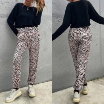 Casual Style Long Sleeve Solid Color Crop Top + Leaoprd Pants Two-piece Set