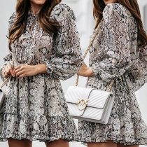 Fashion Long Sleeve Round Neck Gathered Waist Serpentine Printed Dress