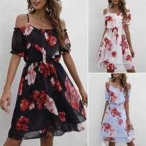Sexy Off-shoulder Short Sleeve High Waist Sling Printed Chiffon Dress