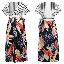 Sexy V-neck Stripe Spliced Short Sleeve High Waist Printed Maternity Lactation Dress