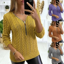 Fashion Solid Color Long Sleeve Zipper V-neck Sweater