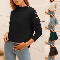 Fashion Solid Color Long Sleeve Cowl Neck Button T-shirt