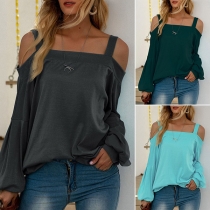 Sexy Off-shoulder Lantern Sleeve Solid Color Loose Sling Top