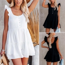 Fashion Solid Color Ruffle Cuff Sleeveless High Waist Romper