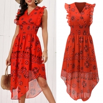 Sweet Style Ruffel Cuff V-neck High-low Hem Printed Dress