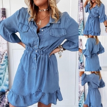 Sweet Style Lotus Sleeve Ruffle Hem Gathered Waist POLO Collar Denim Dress