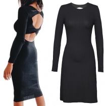 Sexy Backless Long Sleeve Round Neck Solid Color Slim Fit Dress