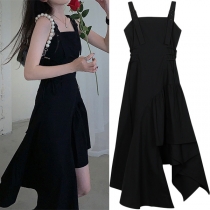 Sexy Backless Irregular Hem High Waist Solid Color Sling Dress