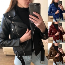 Fashion Solid Color Long Sleeve Buckle Strap Hem Oblique Ziper PU Leahther Jacket