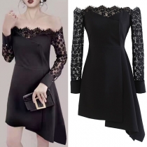 Sexy Lace Spliced Long Sleeve Boat Neck Irregular Hem Slim Fit Party Dress