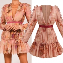 Sexy Deep V-nekc Long Sleeve Ruffle Hem Slim Fit Printed Dress