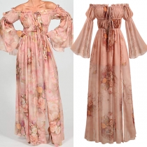Sexy Off-shoulder Boat Neck Trumpet Sleeve High Waist Floor-length Printed Chiffon Dress