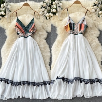 Bohemian Style Backless V-neck High Waist Printed Spliced Sling Dress