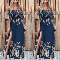 Sexy Off-shoulder Boat Neck Short Sleeve Slit Hem High Waist Printed Dress